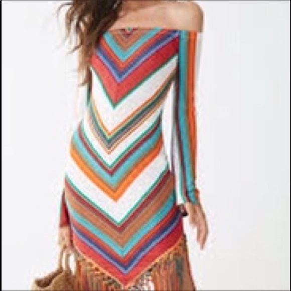 FOREVER 21 Boho Chevron Off Shoulder Fringe Dress - Picture 2 of 7